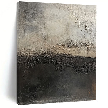 Contemporary large hand-painted abstract artwork featuring dark gray and light brown textures highlighting decay against an abstract dark gray and white background. DLZ1295