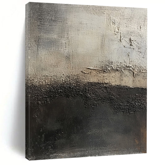 Contemporary large hand-painted abstract artwork featuring dark gray and light brown textures highlighting decay against an abstract dark gray and white background. DLZ1295