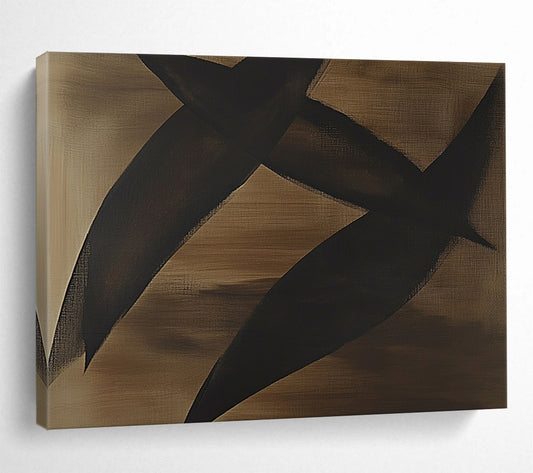 “Black Shapes on Brown” - Black, brown, Minimalist Abstract Painting HB0639