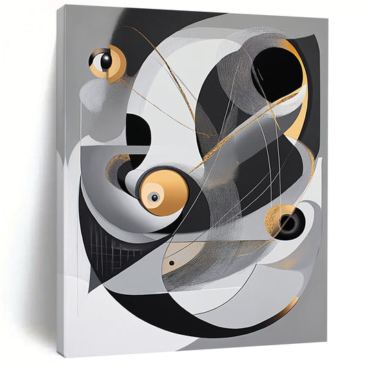 Gray, Black, White, Gold and Silver Abstract Composition "Cosmic Dance" Painting On Canvas HB358