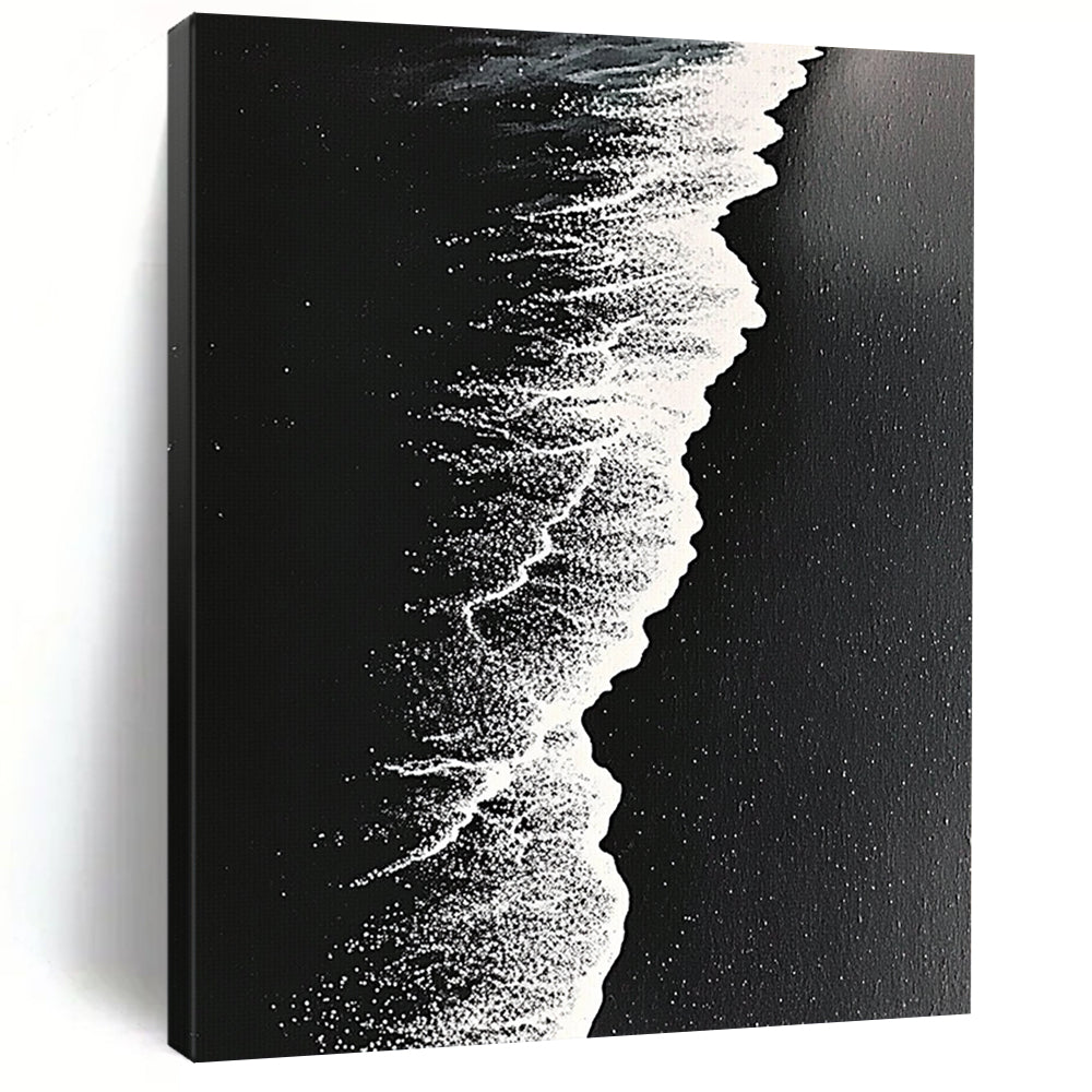 Contemporary abstract artwork capturing high-contrast monochrome beach waves on dark sand with intricate details and surrealistic perspective. DLZ0841