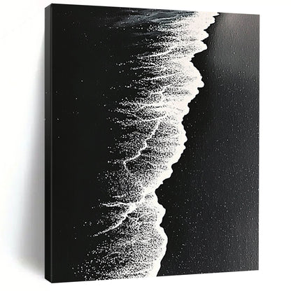 Contemporary abstract artwork capturing high-contrast monochrome beach waves on dark sand with intricate details and surrealistic perspective. DLZ0841
