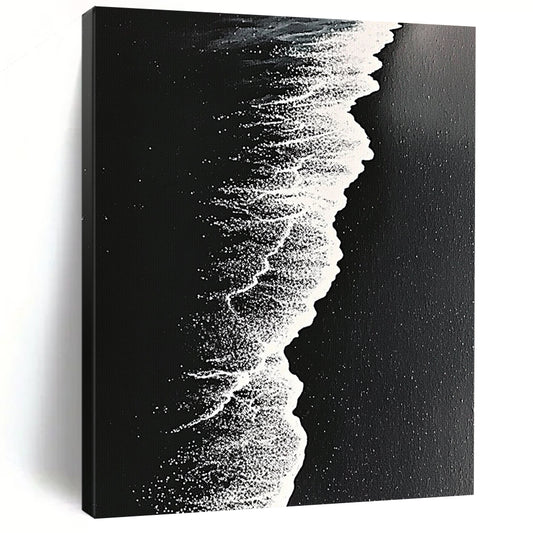 Contemporary abstract artwork capturing high-contrast monochrome beach waves on dark sand with intricate details and surrealistic perspective. DLZ0841