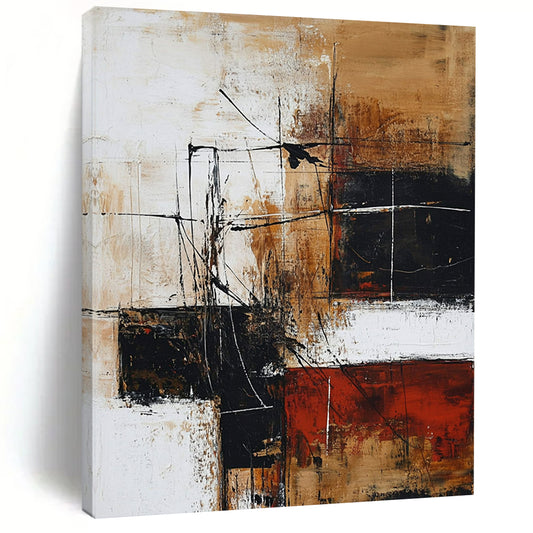Contemporary hand-painted abstract artwork features brown and black tones on white, creating depth with interlaced shapes and loose strokes. DLZ0734