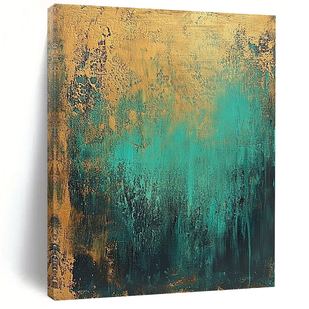Contemporary hand-painted abstract artwork featuring textured teal and gold tones creates an atmospheric dreamlike effect with depth and elegance. DLZ1066