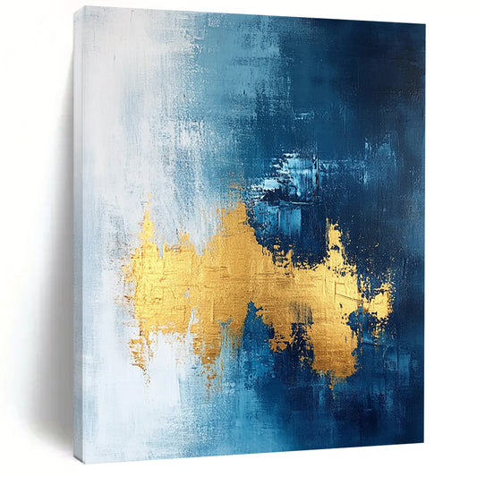 Contemporary abstract painting features gold leafing on a dark blue white and light gray background with elegant brush strokes and a sophisticated texture. DLZ0334