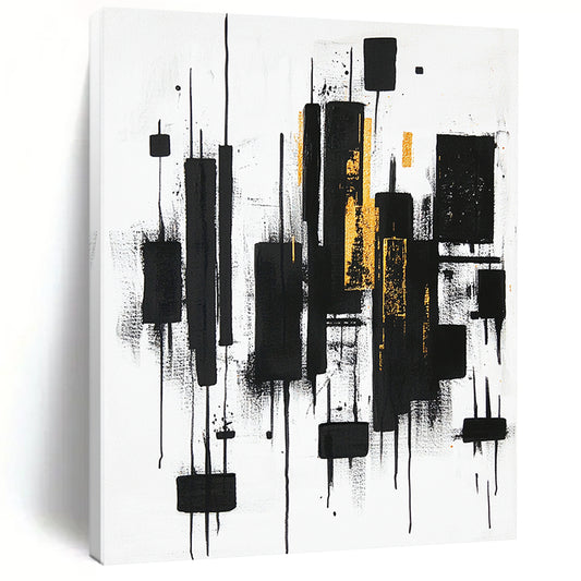Black, White, Gold and Gray Abstract "Vertical Dynamics" Painting On Canvas HB405