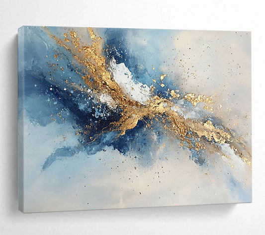 “Dynamic Gold - Blue - Gray Abstract Splash” - Gold, Blue, Gray, White, Energetic Splashes Painting On Canvas HB0824