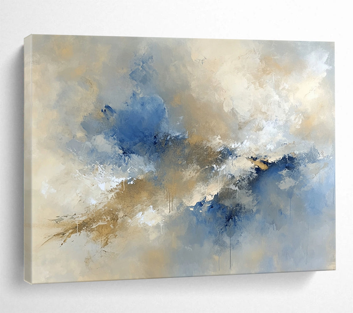 “Ethereal Blue - Beige Cloud Bursts” - Blue, Beige, White, Abstract Cloud - like Forms Painting On Canvas HB0978
