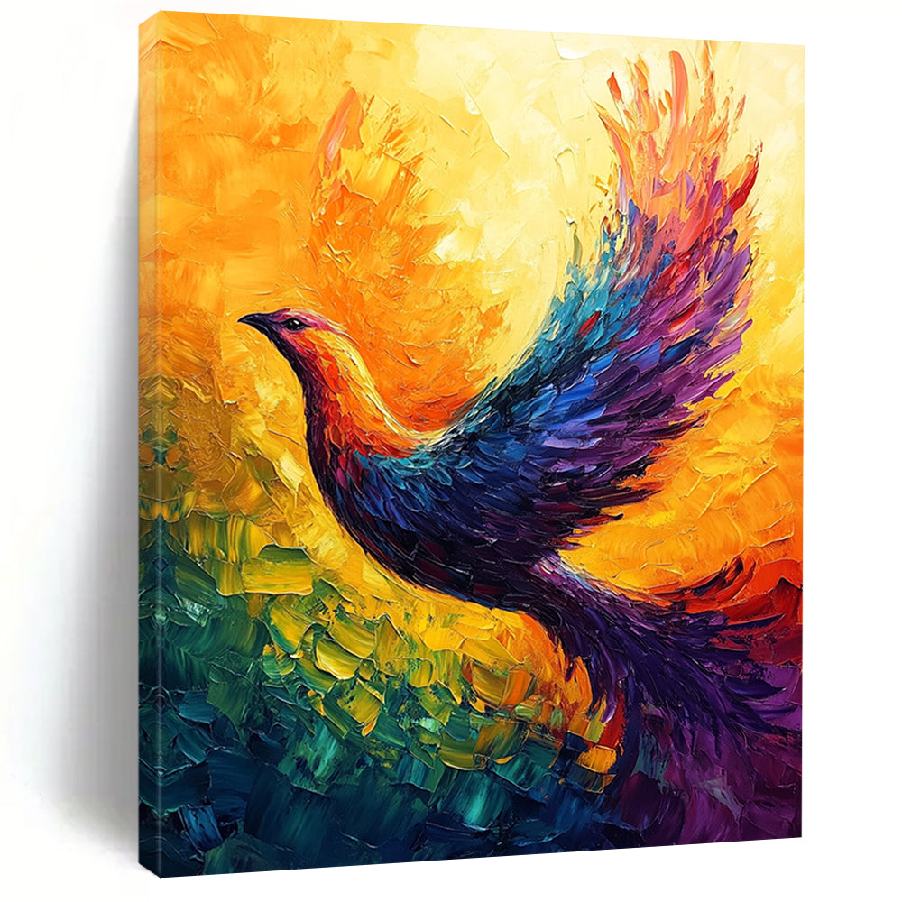 Contemporary abstract art featuring a vibrant phoenix with radiant colors and dynamic brush strokes, creating a captivating display of movement and energy. DLZ1500