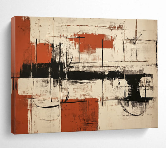 “Red Black White Abstract” - Red, Black, White, Textured Forms, Grid Elements - Painting On Canvas HB1439