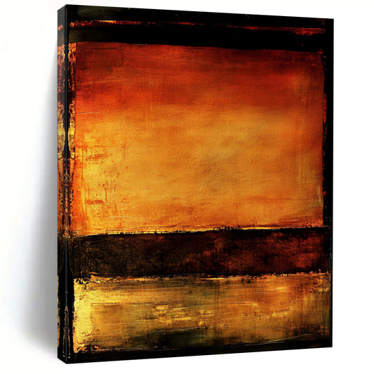 Contemporary abstract artwork features vibrant orange and brown hues with water reflections set against a dark background framed by a bold black border. DLZ0937