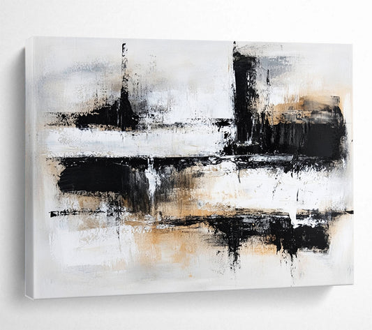 “Monochrome Textured Abstract” - Black, White, Beige with Layered Textures - Painting On Canvas HB1370