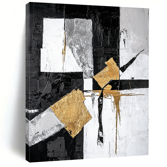 Black, White, Gray, Gold, Angular Shapes "Gilded Geometry" Abstract Minimalist Painting On Canvas HB062