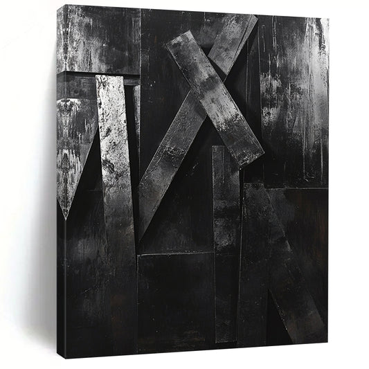 Textured Black Geometric Forms "Raw Structure" Painting On Canvas HB294
