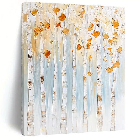 Contemporary abstract artwork featuring birch trees with gold and white leaves against a light blue background with textured brush strokes and floral accents. DLZ0976