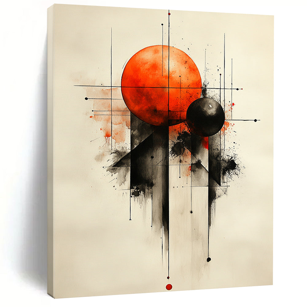 Contemporary abstract painting featuring geometric shapes with an orange sphere and black spheres on a textured white background. DLZ0857
