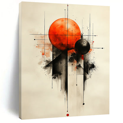 Contemporary abstract painting featuring geometric shapes with an orange sphere and black spheres on a textured white background. DLZ0857