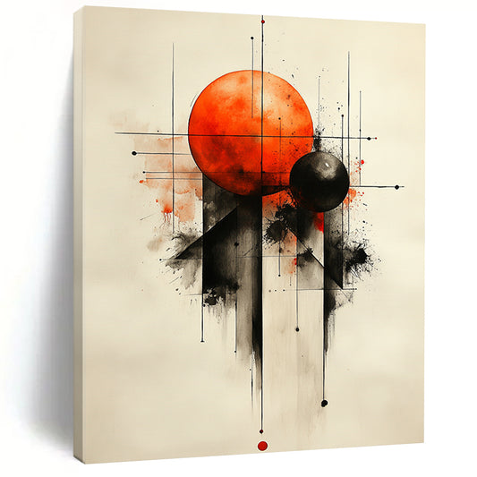 Contemporary abstract painting featuring geometric shapes with an orange sphere and black spheres on a textured white background. DLZ0857