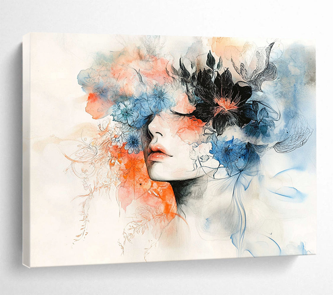 “Dreamy Floral Portrait” - Blue, Orange, Floral, Portrait Painting On Canvas HB0759