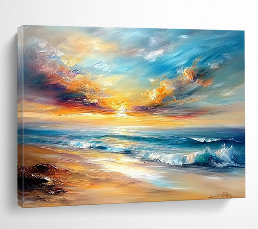 “Vibrant Beach Sunset” - Oranges, Pinks, Blues, Colorful Ocean Sunset - Impasto Oil Painting HB1600