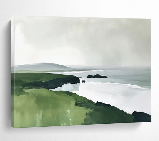 “Coastal Cliffs in Green & Gray” - Lush green, muted gray, white sea, Modern Landscape Painting On Canvas HB0611