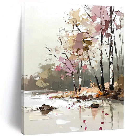 Contemporary abstract art features a soft palette knife technique with light pink and beige tones, showcasing trees by the river in a dreamy, blurred style. DLZ1113