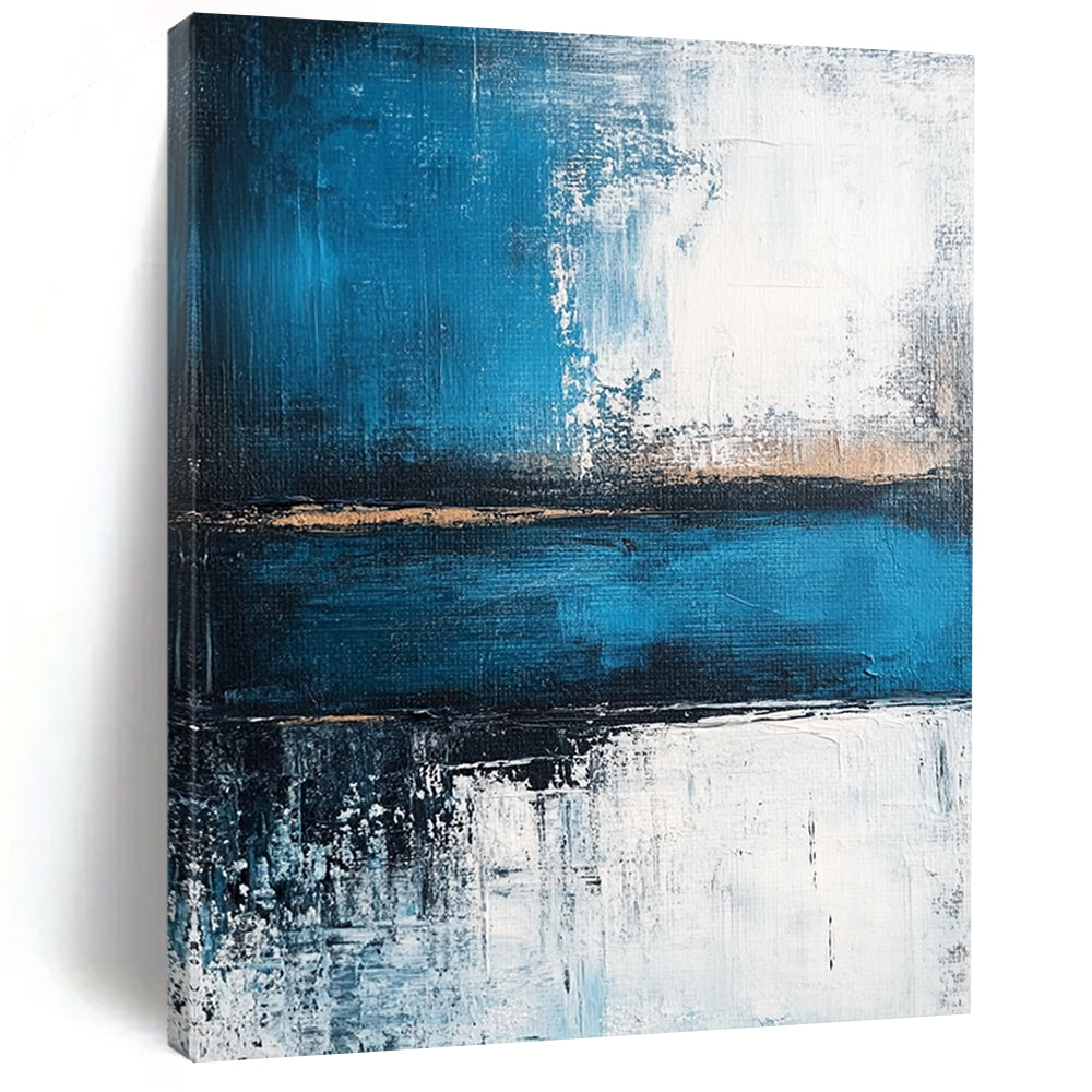 Contemporary abstract painting showcasing a serene blue sea with deep gray strokes and light white accents, evoking tranquility and strength. DLZ0360
