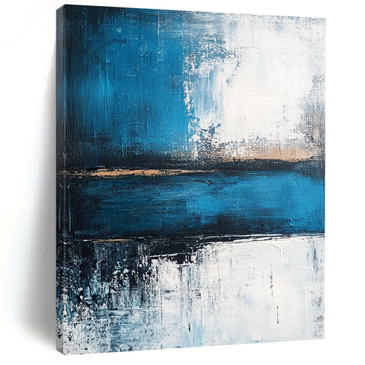 Contemporary abstract painting showcasing a serene blue sea with deep gray strokes and light white accents, evoking tranquility and strength. DLZ0360