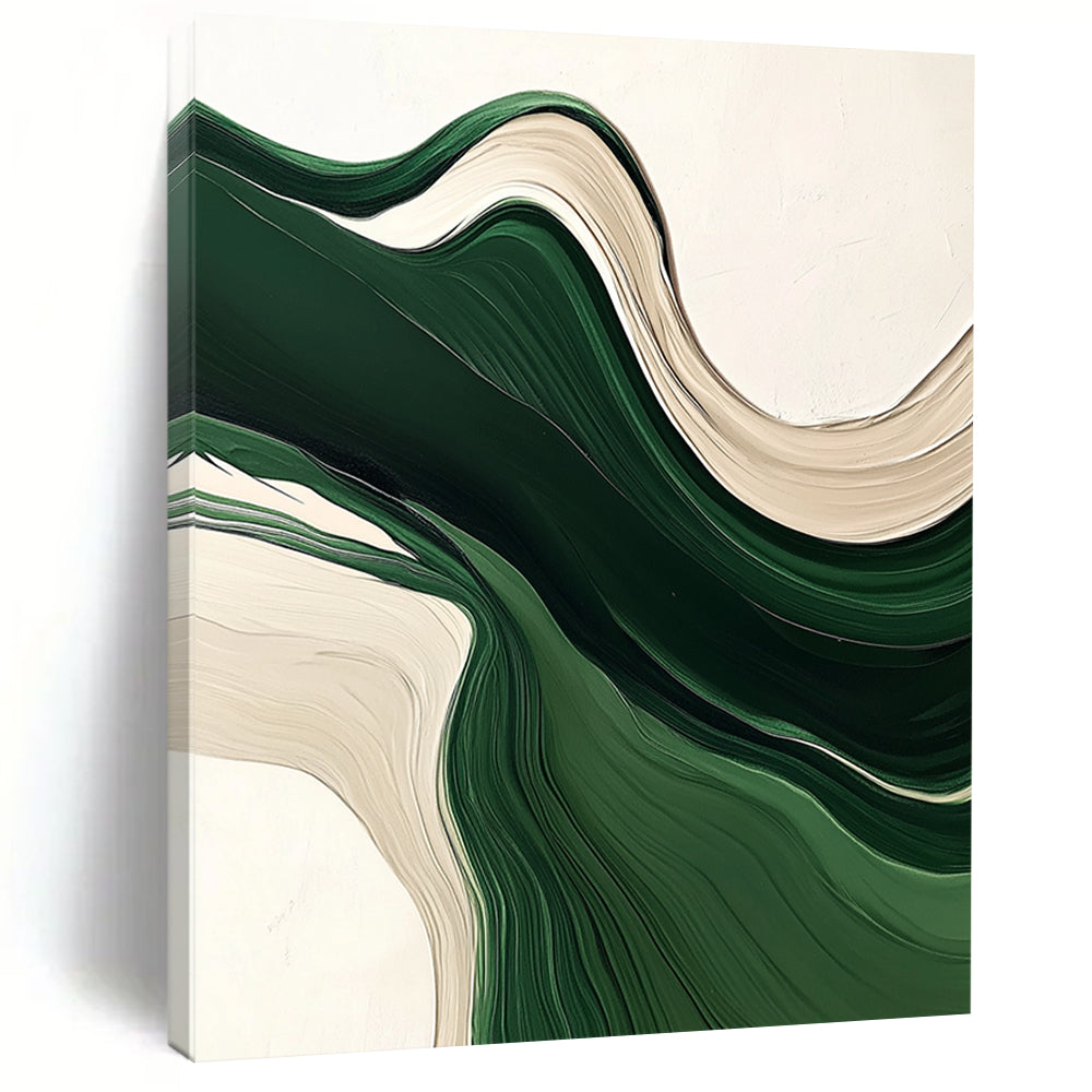 Contemporary hand-painted abstract artwork featuring fluid green and white lines, organic shapes, and layered textures on a neutral background. DLZ0622