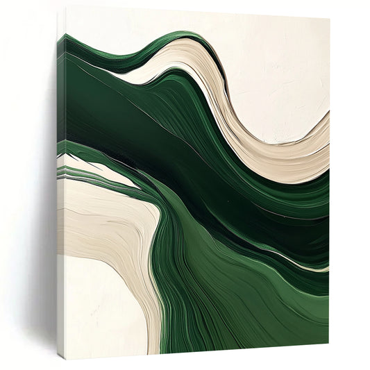 Contemporary hand-painted abstract artwork featuring fluid green and white lines, organic shapes, and layered textures on a neutral background. DLZ0622