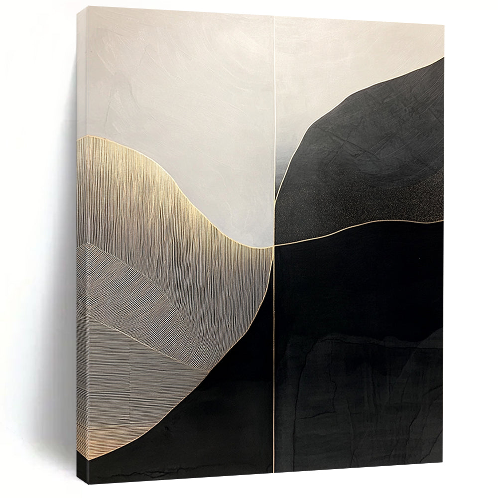 Black, White, Gold, Curved Geometry "Gilded Horizon" Abstract Modernist Painting On Canvas HB140