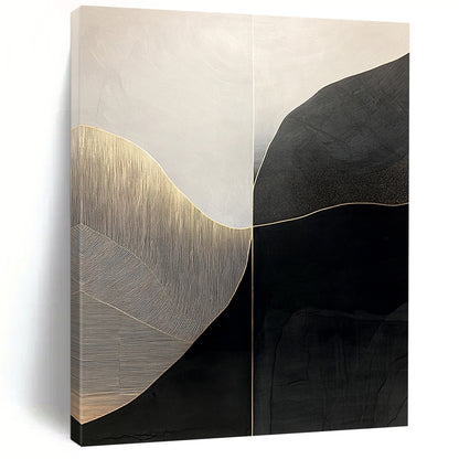 Black, White, Gold, Curved Geometry "Gilded Horizon" Abstract Modernist Painting On Canvas HB140