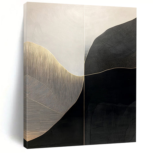 Black, White, Gold, Curved Geometry "Gilded Horizon" Abstract Modernist Painting On Canvas HB140