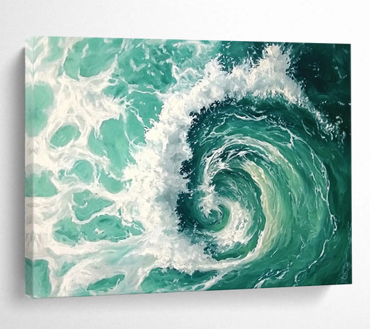 “Turquoise Ocean Vortex” - Turquoise, White, Spiral Waves Painting On Canvas HB0733