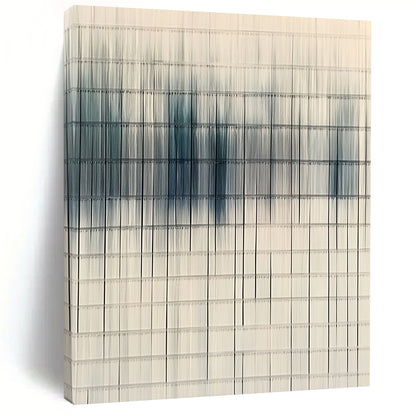 Contemporary hand-painted abstract art featuring woven lines in white and blue, symbolizing clean air and environmental awareness in a modern urban backdrop. DLZ1432