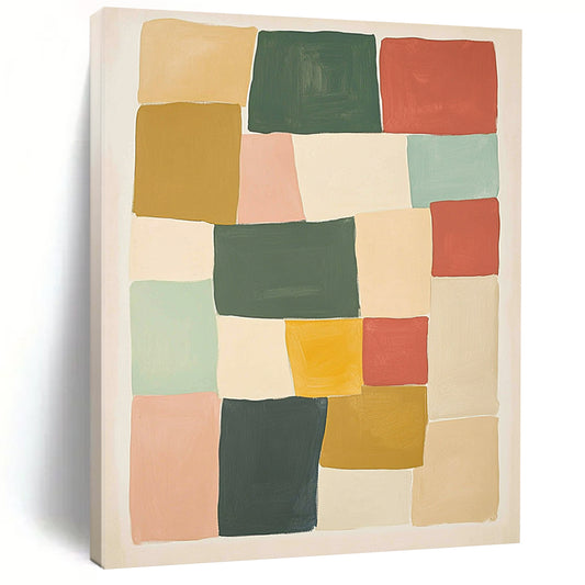 Contemporary hand-painted abstract artwork features geometric blocks in shades of green red and yellow against a beige background creating a harmonious composition. DLZ1596