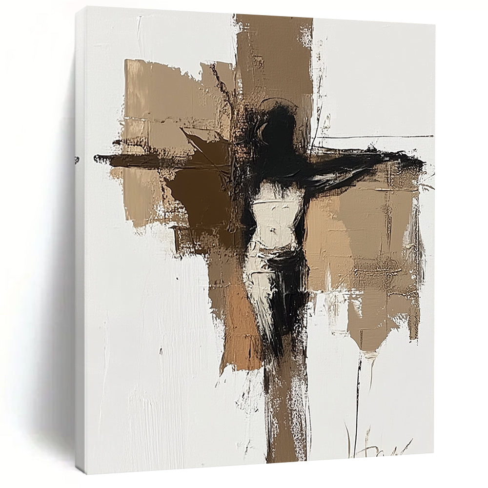 Contemporary abstract painting featuring earthy tones with a minimalist depiction of Jesus on the cross on a white background. DLZ0872