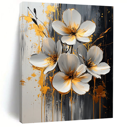 Contemporary abstract art featuring white flowers with gold and silver accents on a textured background of black and grey with elegant paint drips. DLZ0825