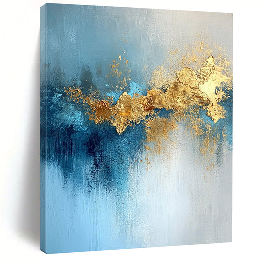 Contemporary hand-painted abstract artwork featuring gold leaf, soft light, blue tones, atmospheric clouds, and a mysterious shimmering texture. DLZ0336