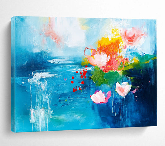 “Dreamy Blue with Pink and Orange Floral Abstractions” - Blue, pink, orange, green; Abstract floral shapes on a blue background; Acrylic Painting On Canvas HB1233