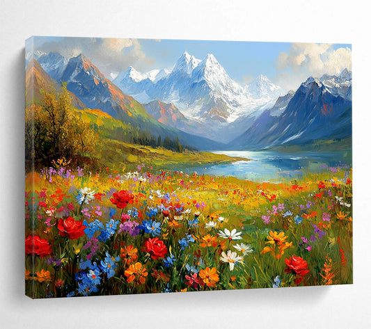 “Alpine Flower Meadow” - Colorful, Mountainous Landscape Painting On Canvas HB0689