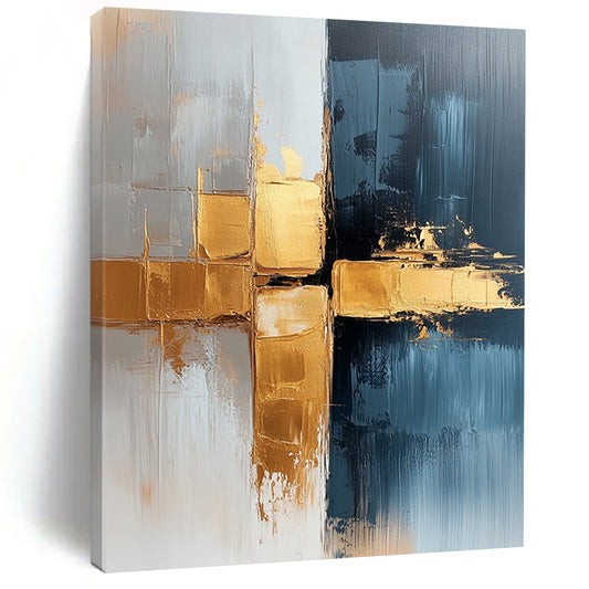 Contemporary hand-painted abstract art featuring a luxurious blend of white and gold tones with gray-blue gradients and striking brushstrokes for a unique visual experience. DLZ0778