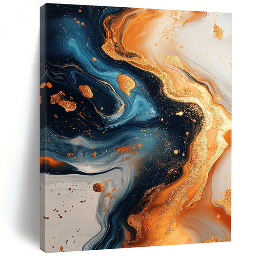 Contemporary hand-painted abstract artwork showcasing swirling gold and navy blue with marble textures and glitter. Perfect for modern decor. DLZ0848