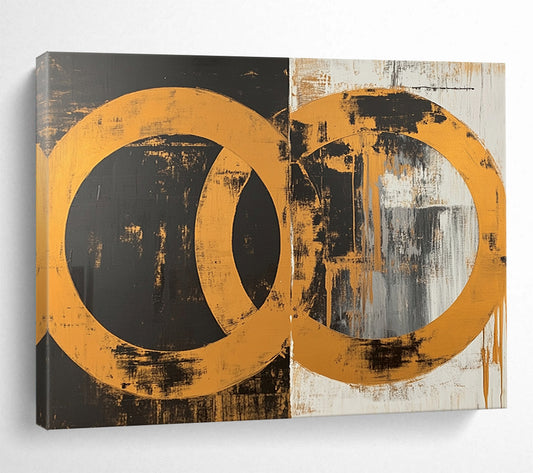 “Interlocking Gold Circles” - Gold, Black, White, Abstract Circles Painting On Canvas HB0785