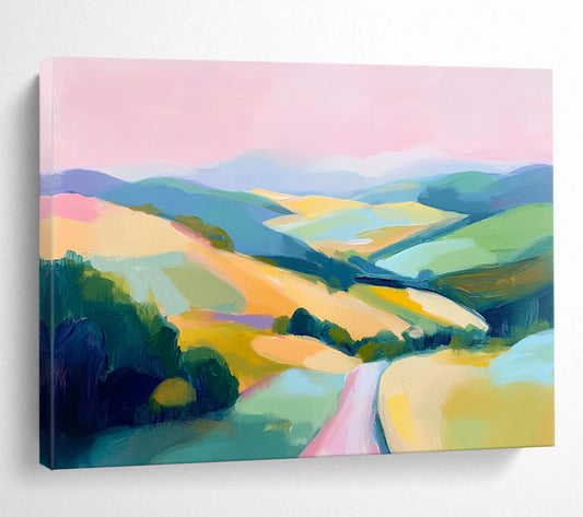 Pink, Blue, Green, Yellow and Purple Colorful Valley "Vibrant Vista" Painting On Canvas HB0673