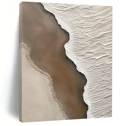 Contemporary abstract artwork highlighting textured sand and water at the beach with intricate details in brown and white creating a serene coastal atmosphere. DLZ1210