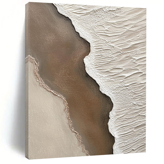 Contemporary abstract artwork highlighting textured sand and water at the beach with intricate details in brown and white creating a serene coastal atmosphere. DLZ1210