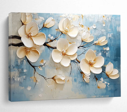Blue, Beige and White Textured Magnolias "Blossom Serenity" Painting On Canvas HB0422