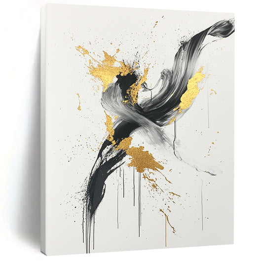 Black, White, Gold, Gray, Swirling Splashes "Gilded Chaos" Abstract Expressionist Painting On Canvas HB098